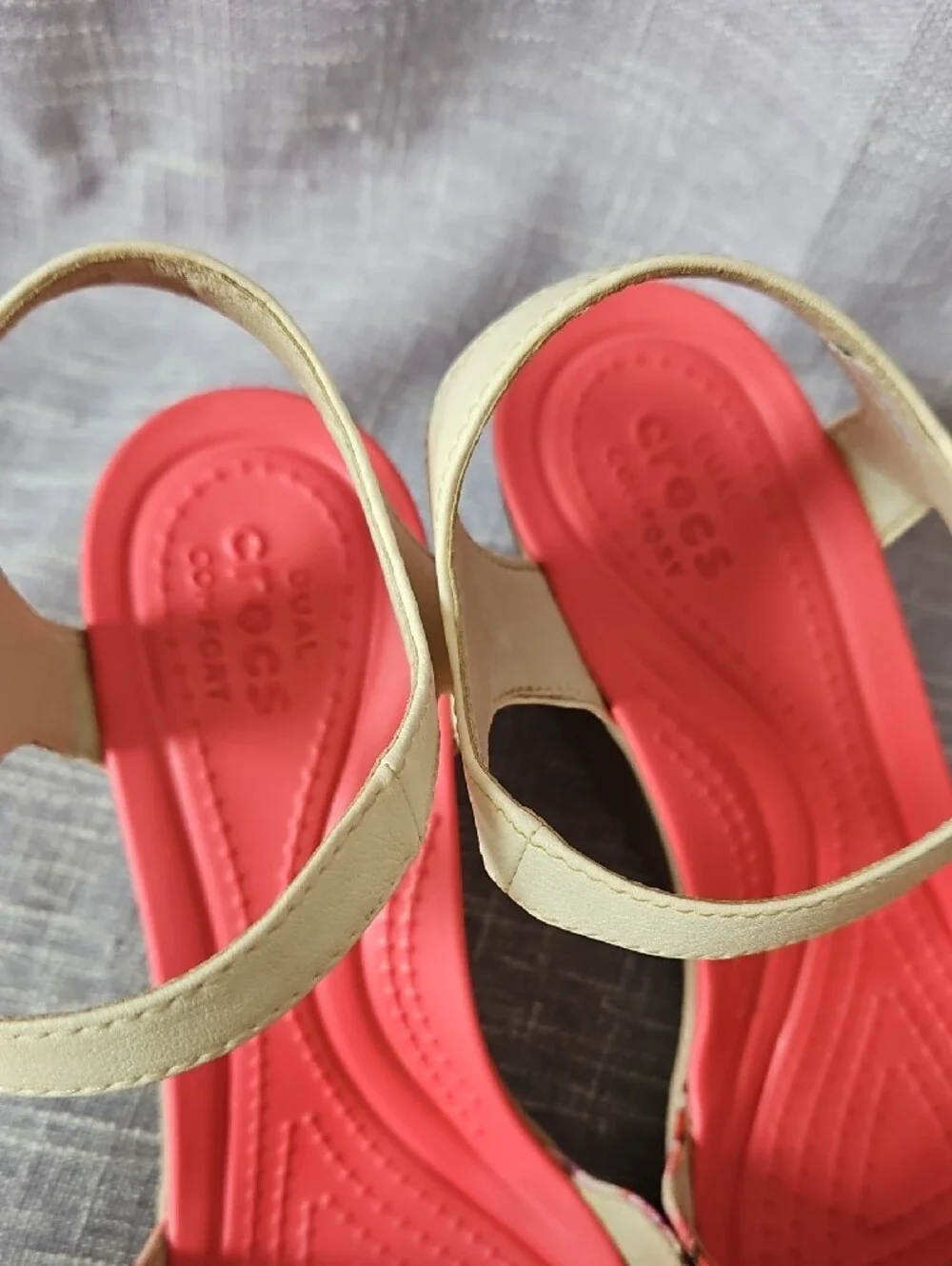 CROCS Pink Floral Wedge Sandals with Cream Ankle Strap